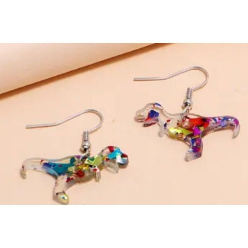 New! Adorable T-Rex Dinosaur Colorful Acrylic Foil Filled Cute Dangle Earrings N